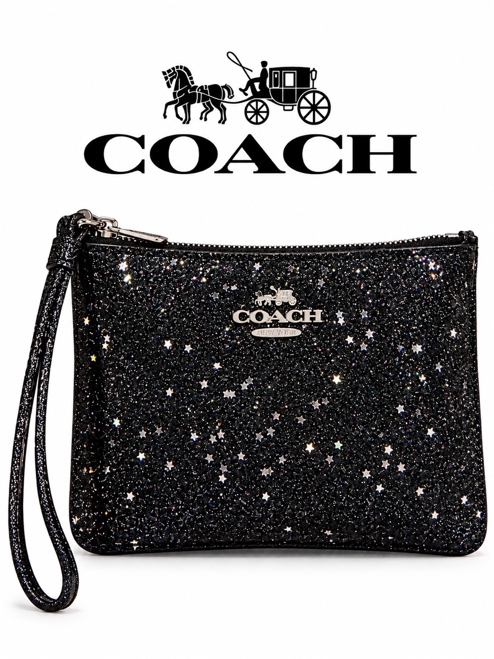 Coach Black Glitter Star Wristlet Pouch